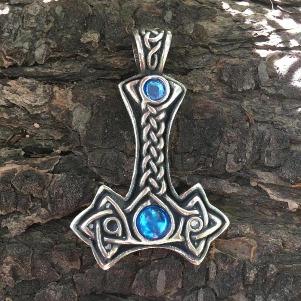 Knotwork Thor's Hammer with Glass Gems-Pendants-Pewter, Viking-Sun Fox