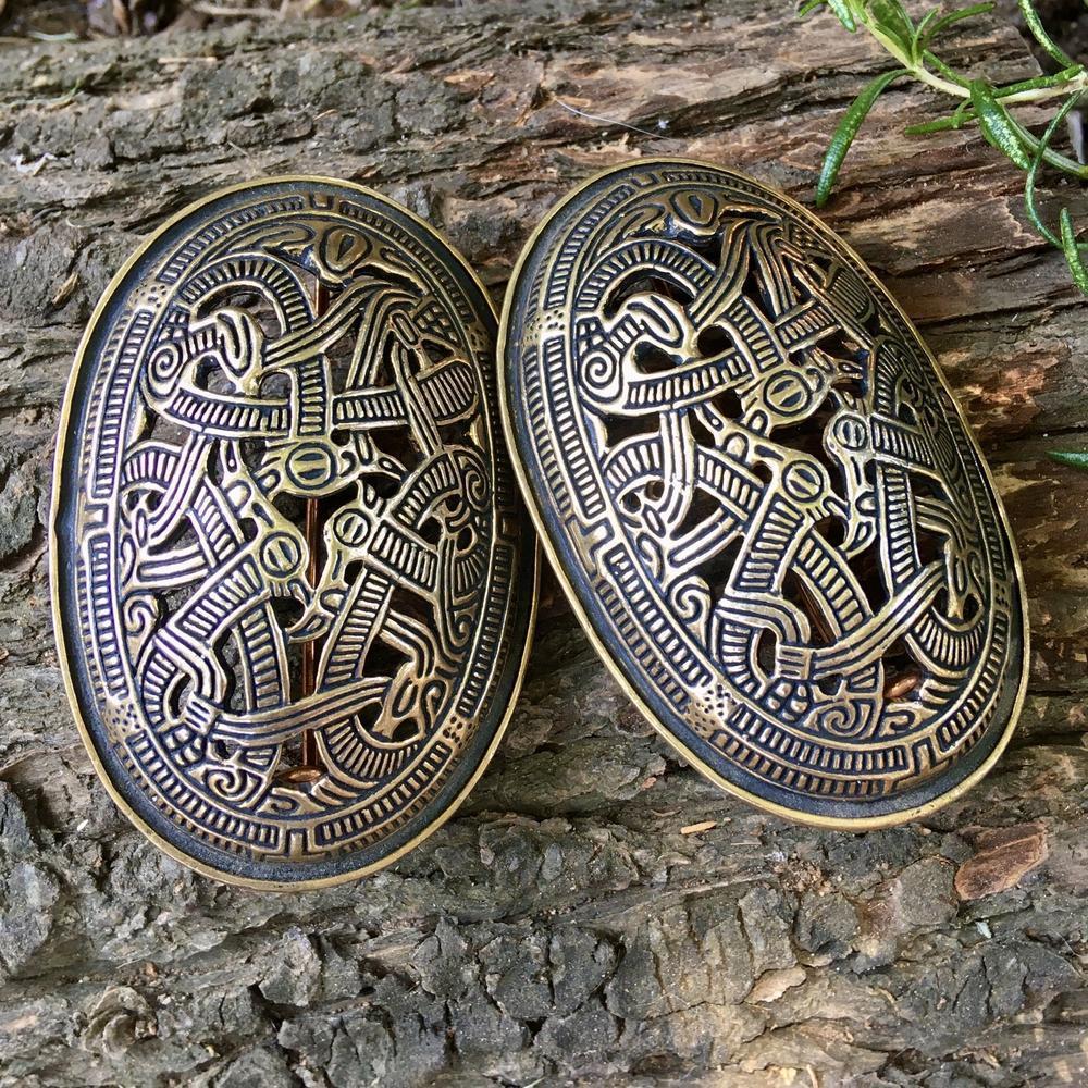 Openwork Jelling Style Tortoise Brooches-Bronze-Pins and Brooches-Bronze and Brass, Viking-Sun Fox